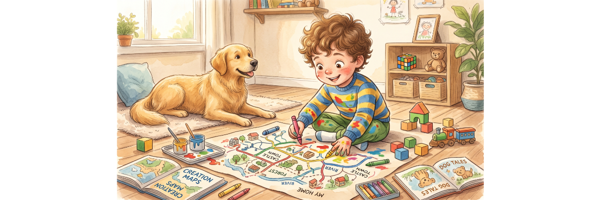 A first-time founder starts with a map — child drawing a treasure map on the floor, dog watching